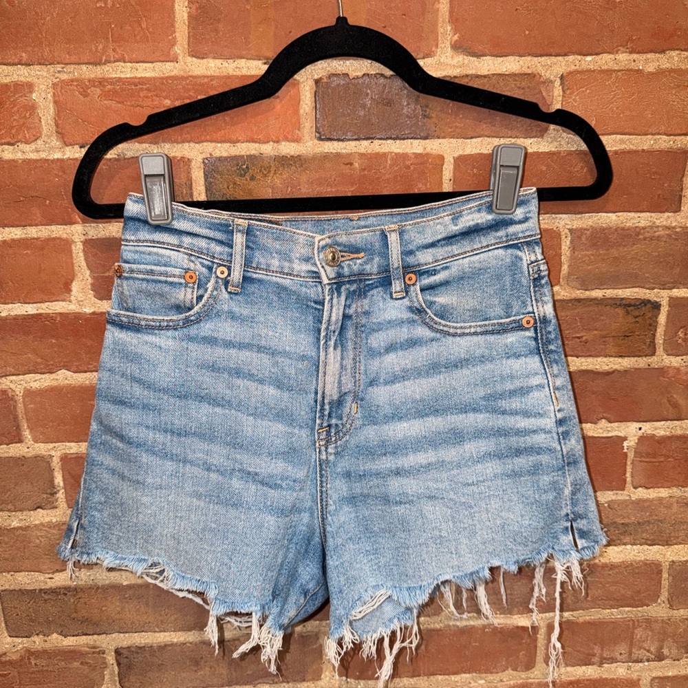 American Eagle Outfitters Light Blue Distressed High-Rise Denim Shorts‎